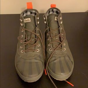 Army green Keds rain boots